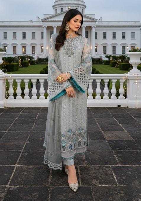 Dusty Blue Embroidery Silk Pakistani Salwar Kameez