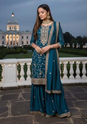 Teal Embroidery Silk Pakistani Salwar Kameez
