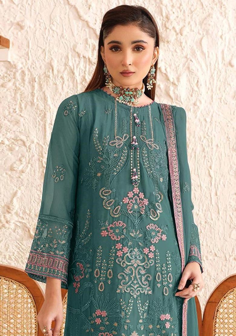Green Embroidery Georgette Salwar Suit - Indya