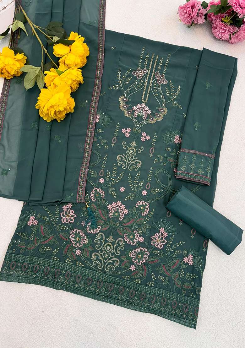 Green Embroidered Georgette Pakistani Suit Set - Indya