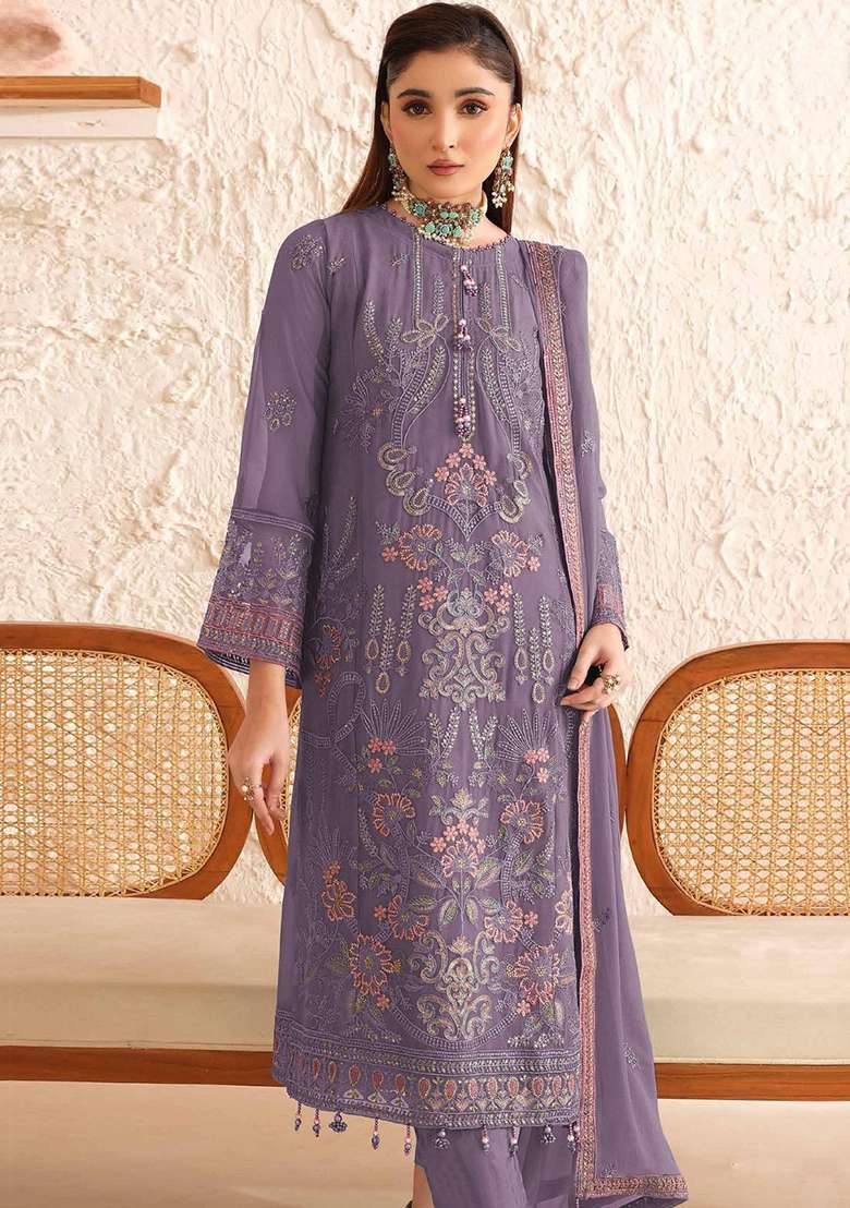 Purple Embroidered Georgette Pakistani Suit Set - Indya