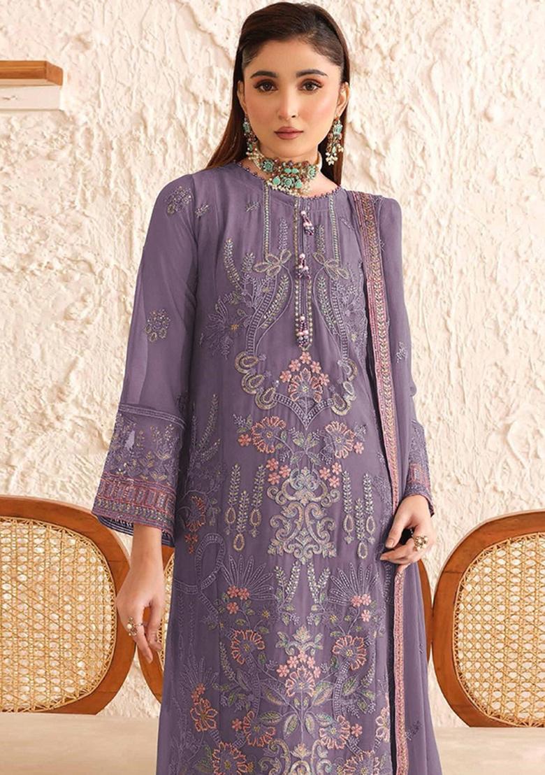 Purple Embroidery Georgette Salwar Suit - Indya
