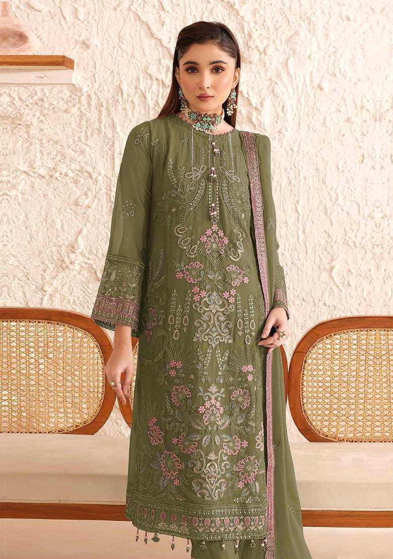 Mehendi Embroidered Georgette Pakistani Suit Set - Indya