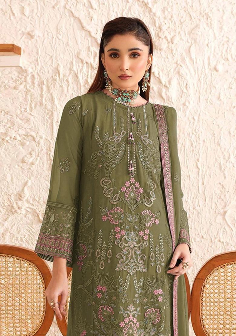 Mehendi Embroidery Georgette Salwar Suit - Indya