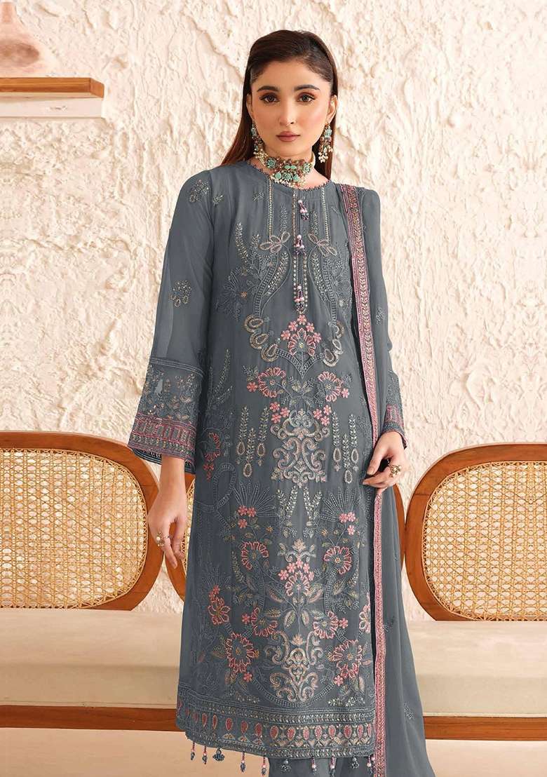 Blue Embroidered Georgette Pakistani Suit Set - Indya