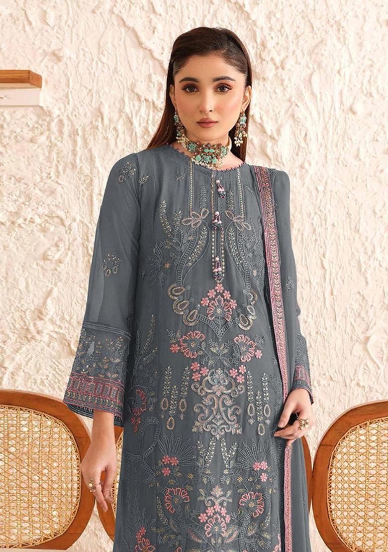 Blue Embroidery Georgette Salwar Suit - Indya