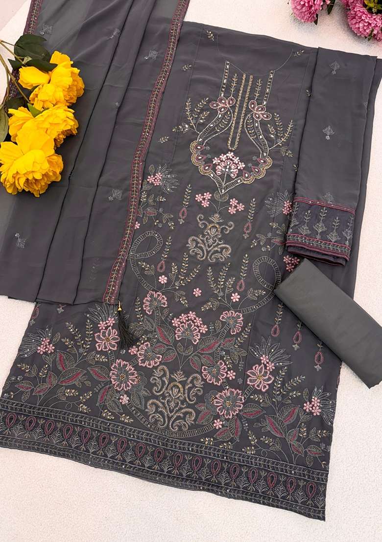 Blue Embroidered Georgette Pakistani Suit Set - Indya