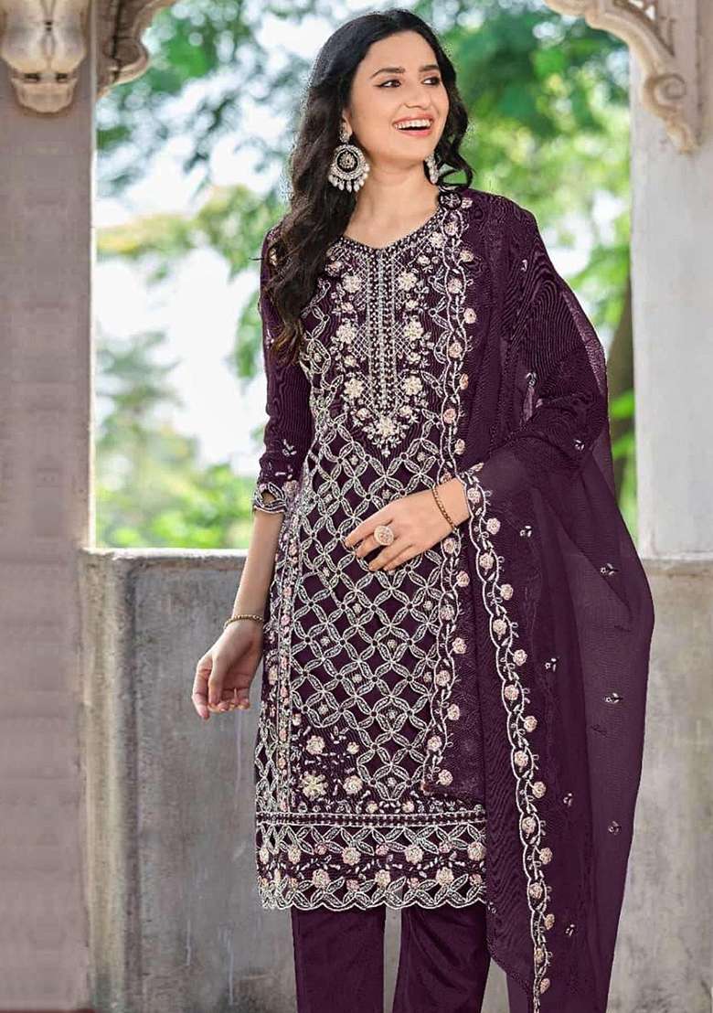 Purple Embroidered Chiffon Pakistani Suit Set - Indya