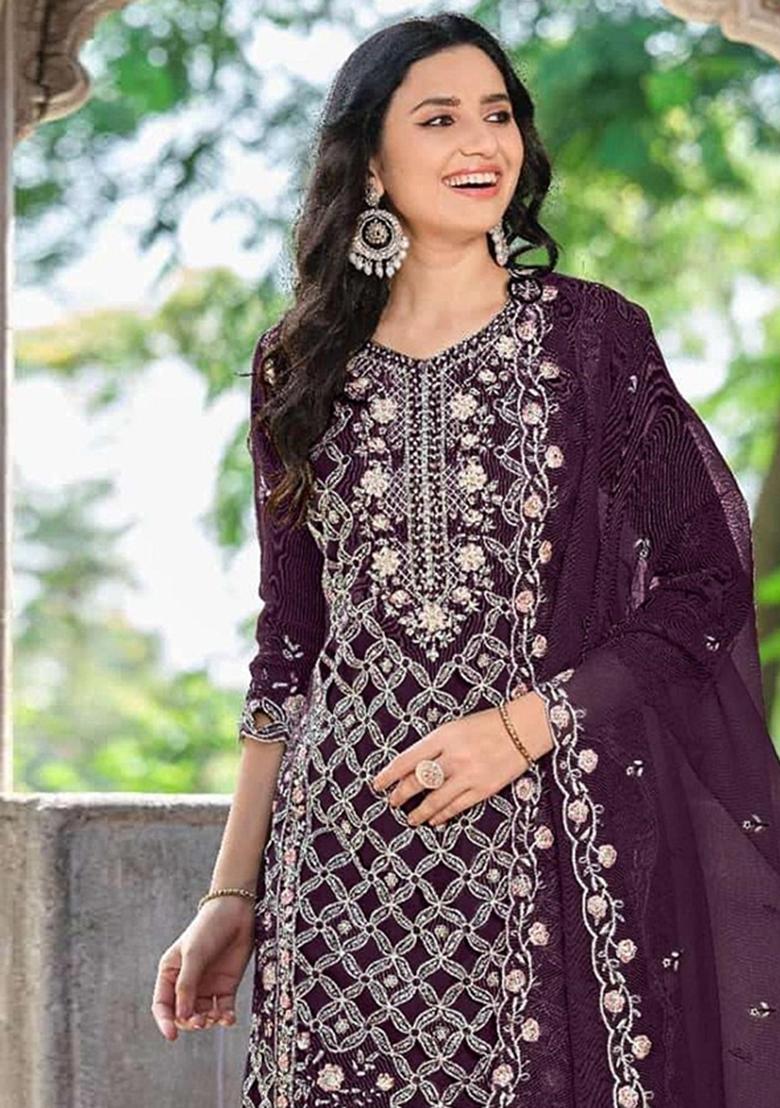 Purple Embroidery chiffon Salwar Suit - Indya