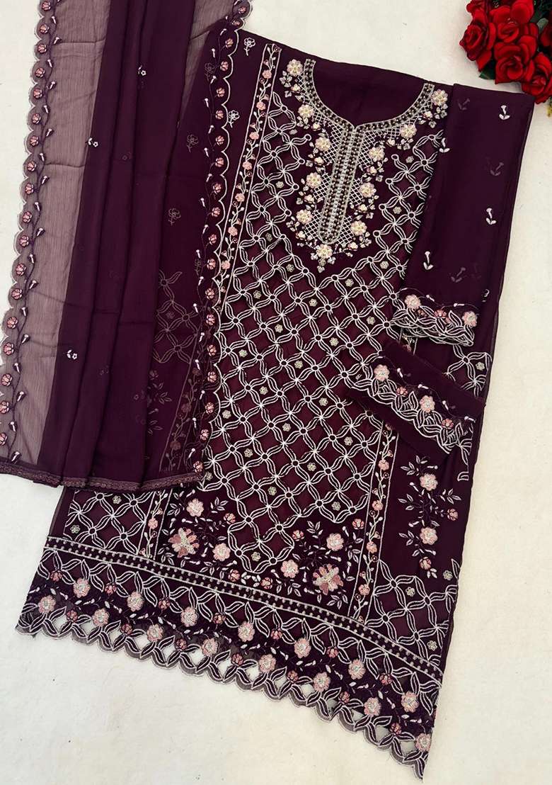 Purple Embroidered Chiffon Pakistani Suit Set - Indya