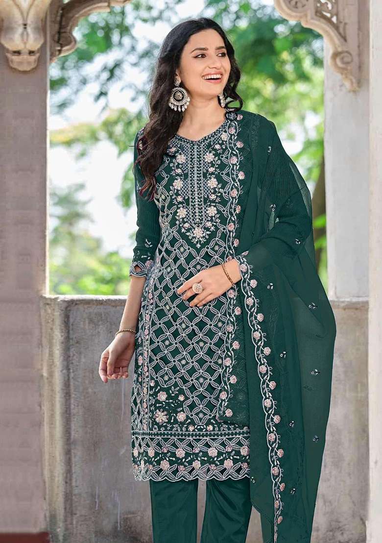 Green Embroidered Chiffon Pakistani Suit Set - Indya