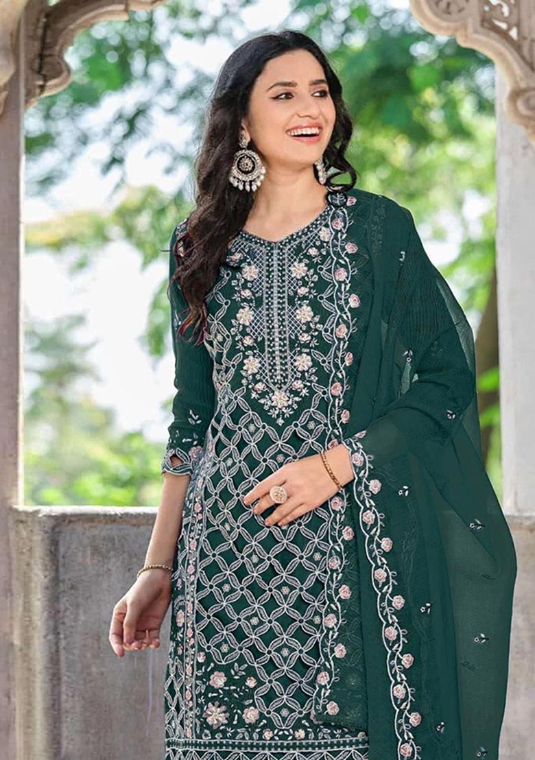 Green Embroidery chiffon Salwar Suit - Indya