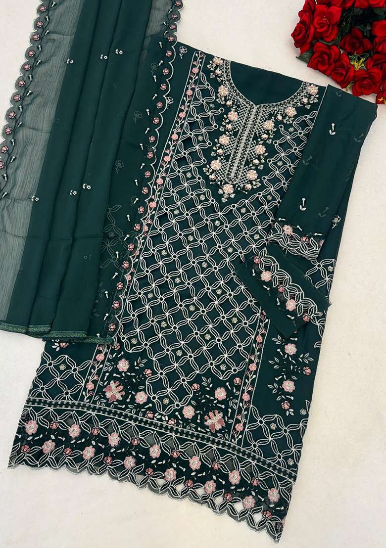 Green Embroidered Chiffon Pakistani Suit Set - Indya
