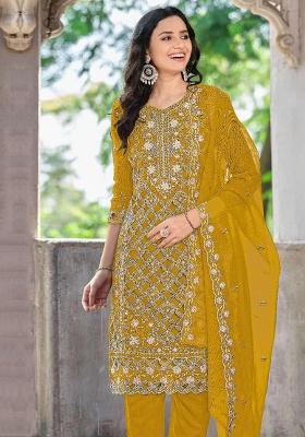 Yellow Embroidery chiffon Salwar Suit