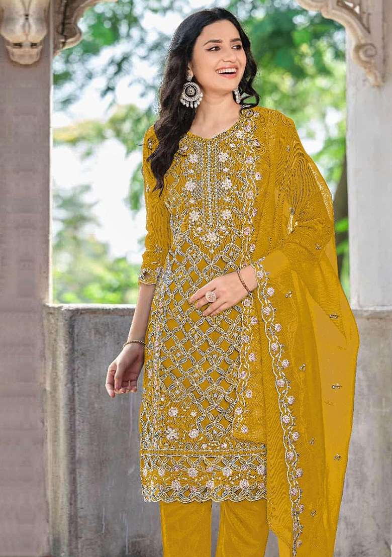 Yellow Embroidered Chiffon Pakistani Suit Set - Indya