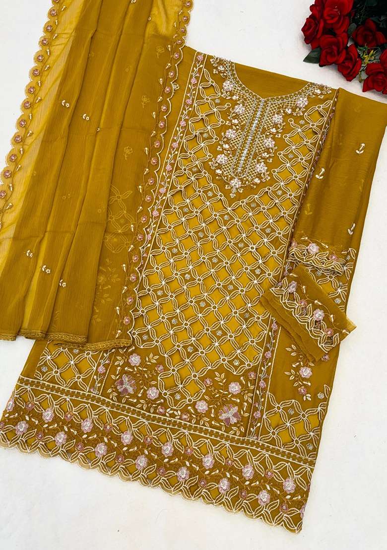 Yellow Embroidered Chiffon Pakistani Suit Set - Indya