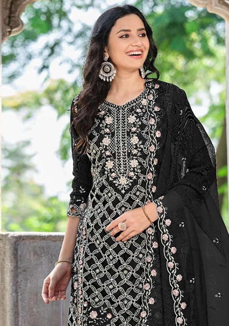 Black Embroidery chiffon Salwar Suit - Indya