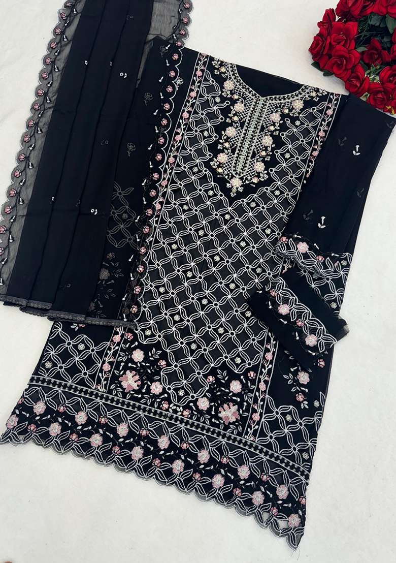Black Embroidered Chiffon Pakistani Suit Set - Indya