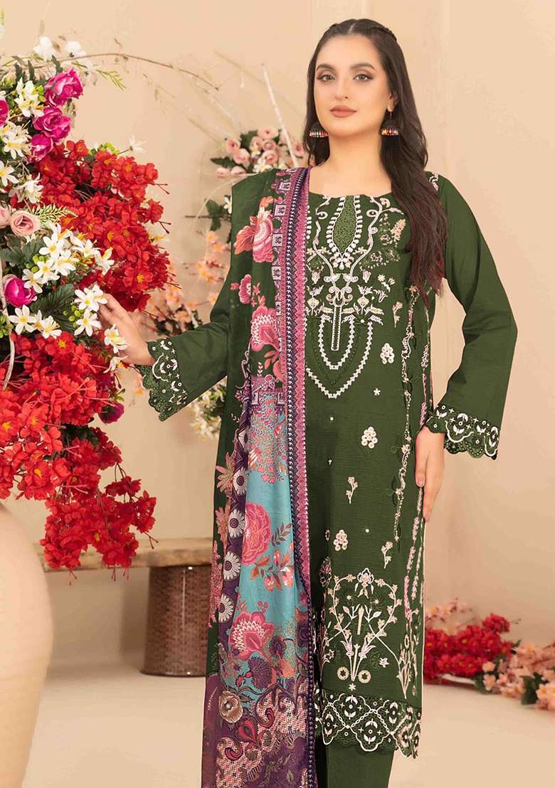 Mehendi Embroidered Cotton Blend Pakistani Suit Set - Indya