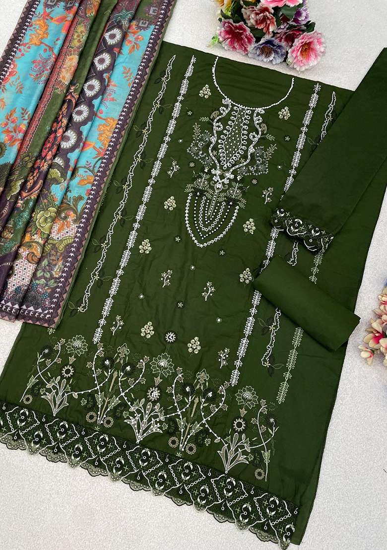 Mehendi Embroidered Cotton Blend Pakistani Suit Set - Indya