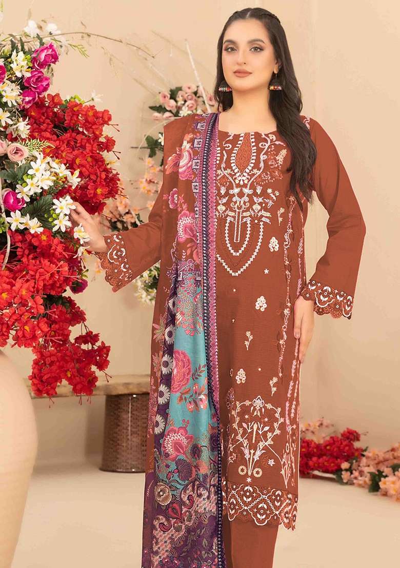 Orange Embroidered Cotton Blend Pakistani Suit Set - Indya