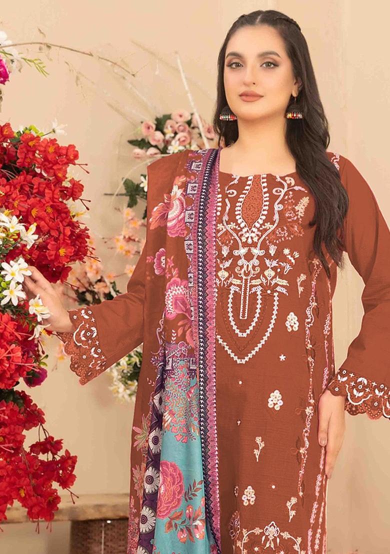 Orange Embroidery cambric Salwar Suit - Indya