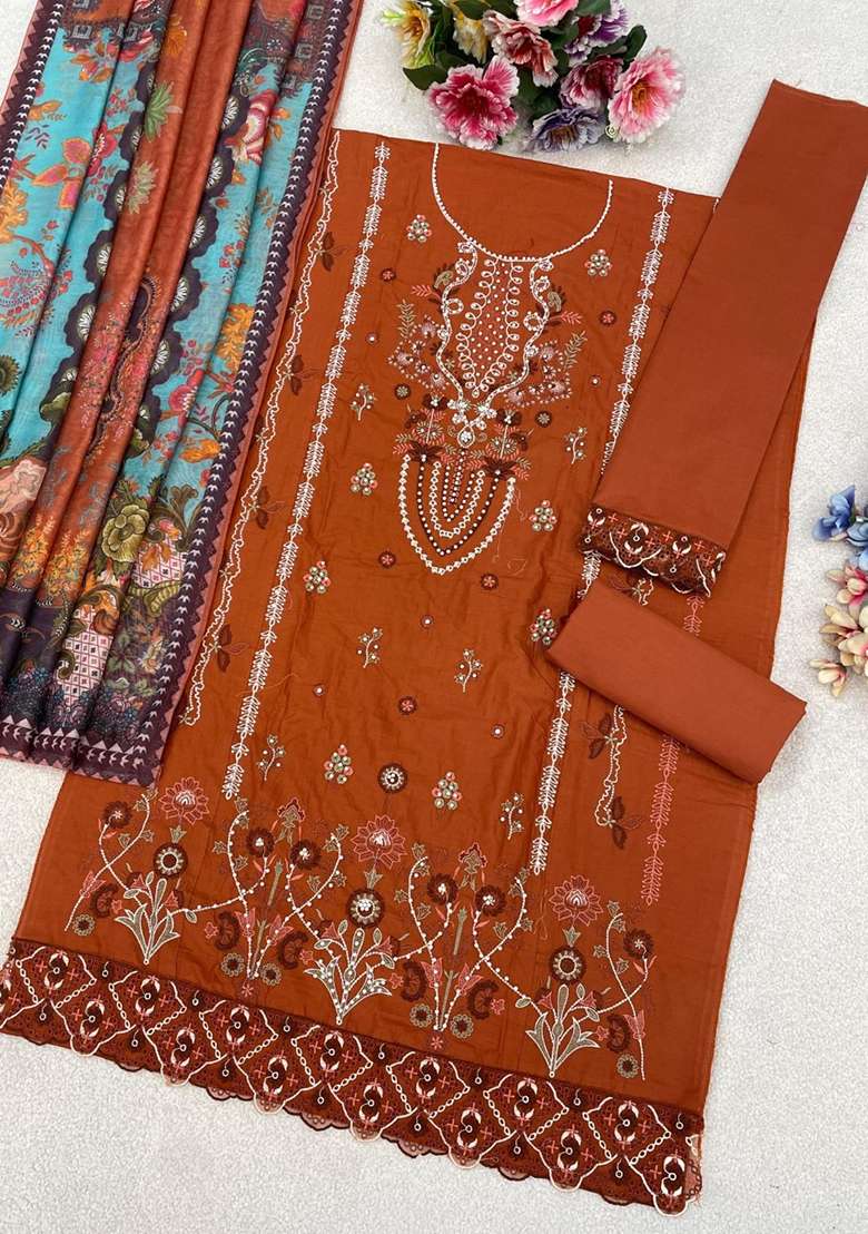 Orange Embroidered Cotton Blend Pakistani Suit Set - Indya