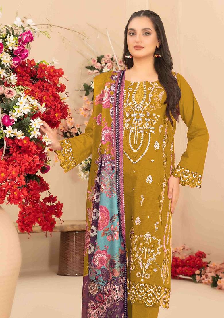 Yellow Embroidered Cotton Blend Pakistani Suit Set - Indya