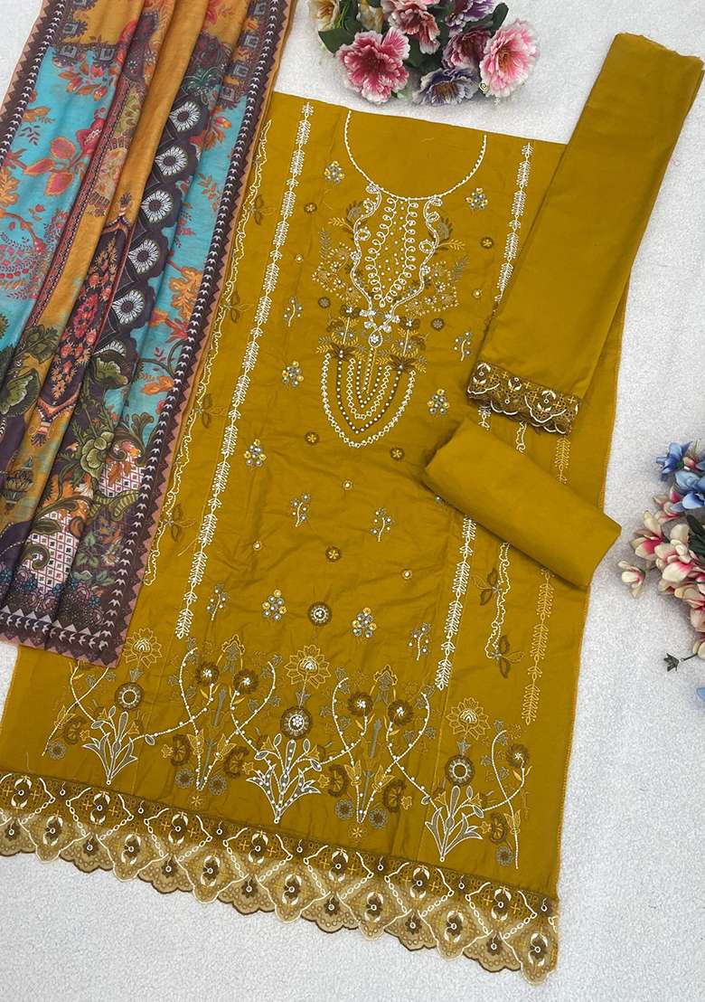 Yellow Embroidered Cotton Blend Pakistani Suit Set - Indya