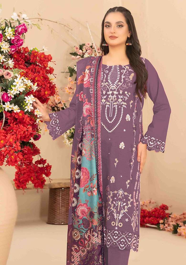 Purple Embroidered Cotton Blend Pakistani Suit Set - Indya