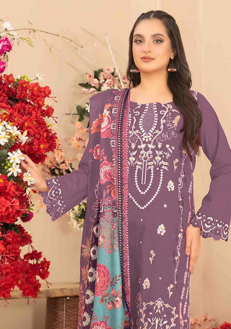 Purple Embroidery cambric Salwar Suit - Indya