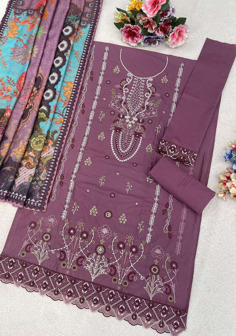 Purple Embroidered Cotton Blend Pakistani Suit Set - Indya