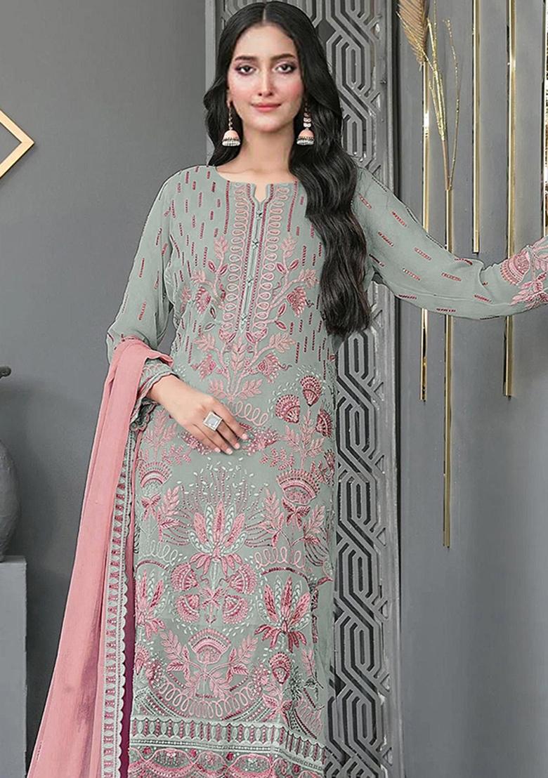 Green Embroidery Georgette Salwar Suit - Indya