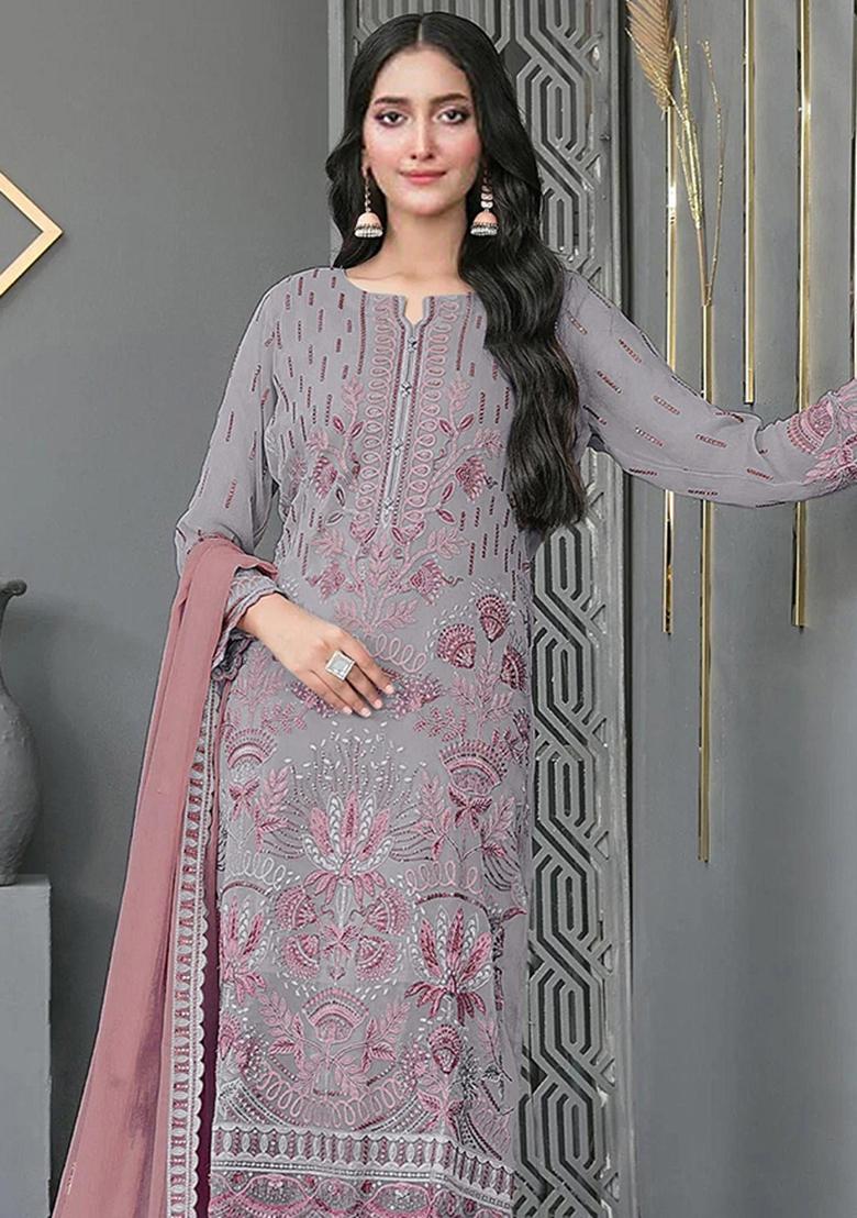 Grey Embroidery Georgette Salwar Suit - Indya