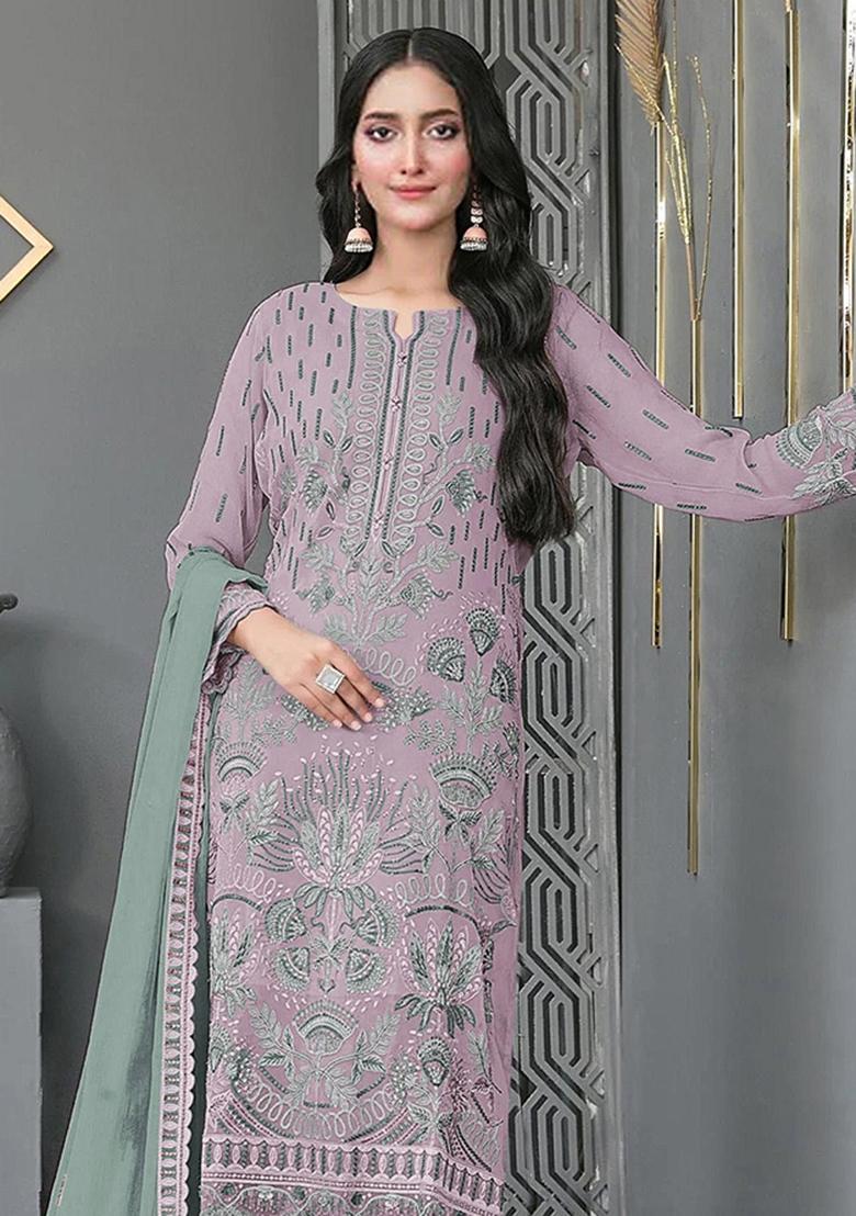 Lavender Embroidery Georgette Salwar Suit - Indya