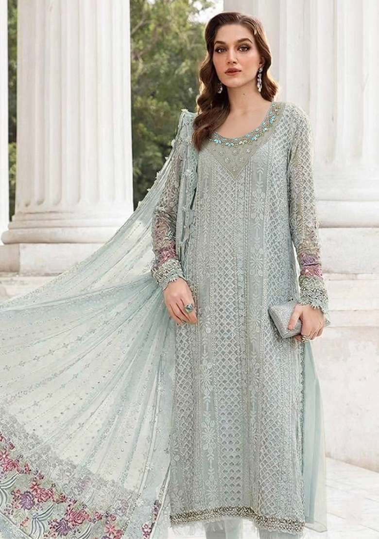 Sea Green Embroidered Georgette Pakistani Suit Set - Indya