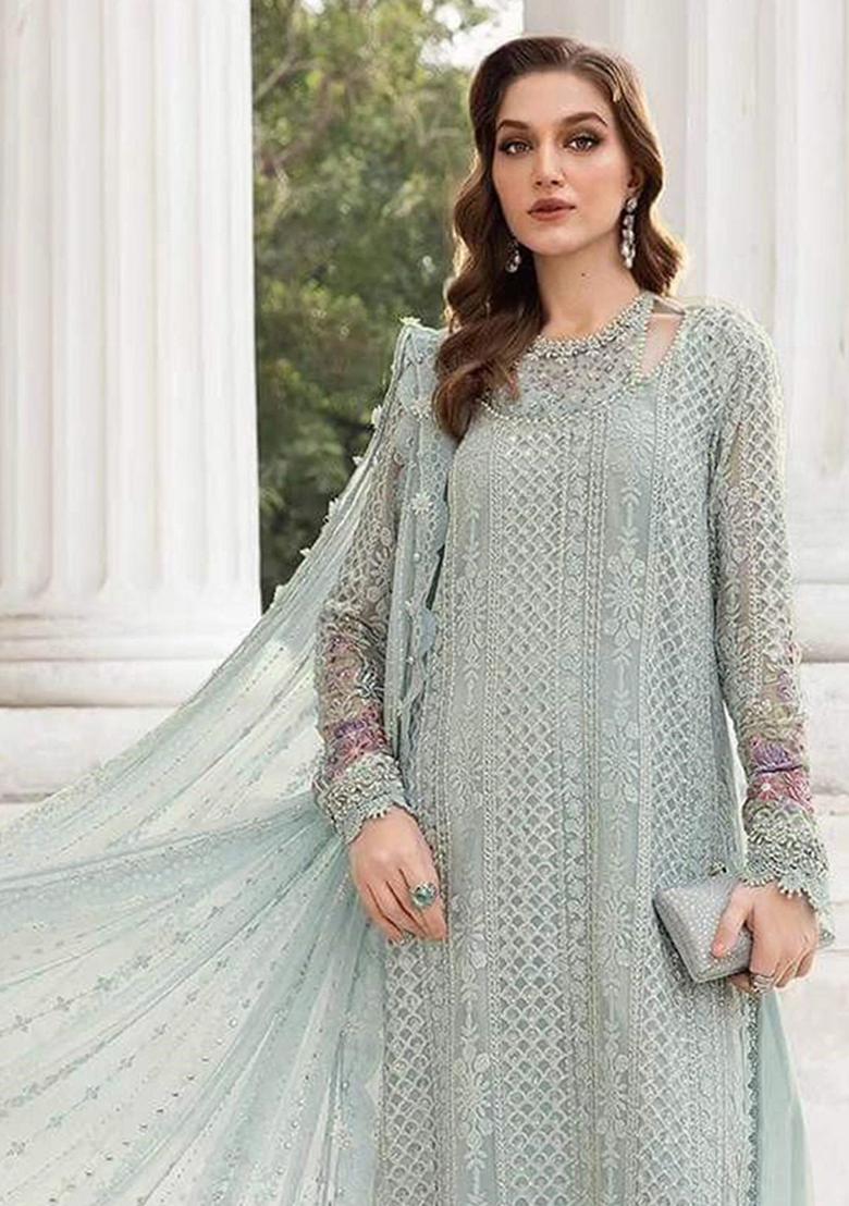 Sea Green Embroidery Georgette Salwar Suit - Indya