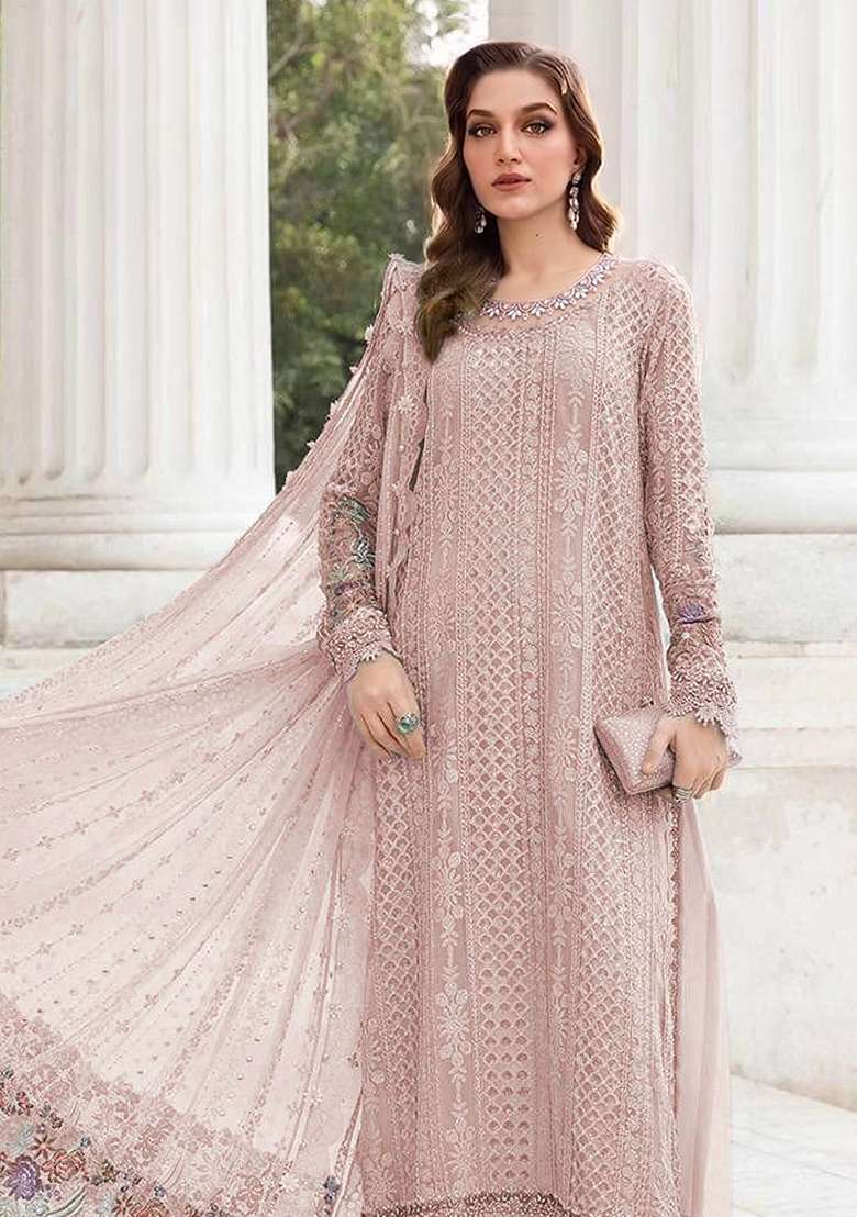 Pink Embroidered Georgette Pakistani Suit Set - Indya