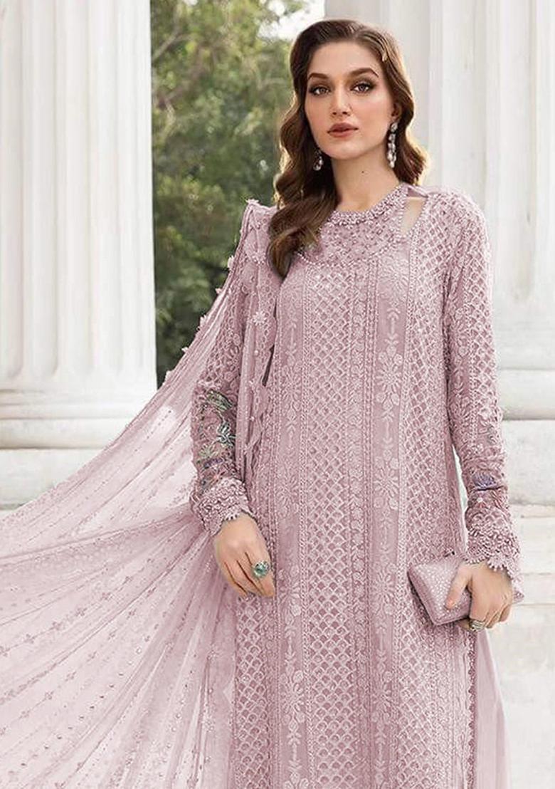 Pink Embroidery Georgette Salwar Suit - Indya