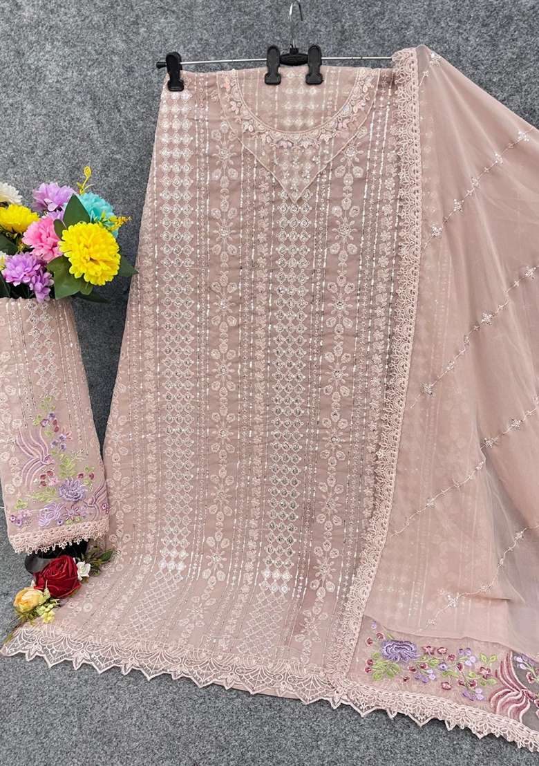 Pink Embroidered Georgette Pakistani Suit Set - Indya