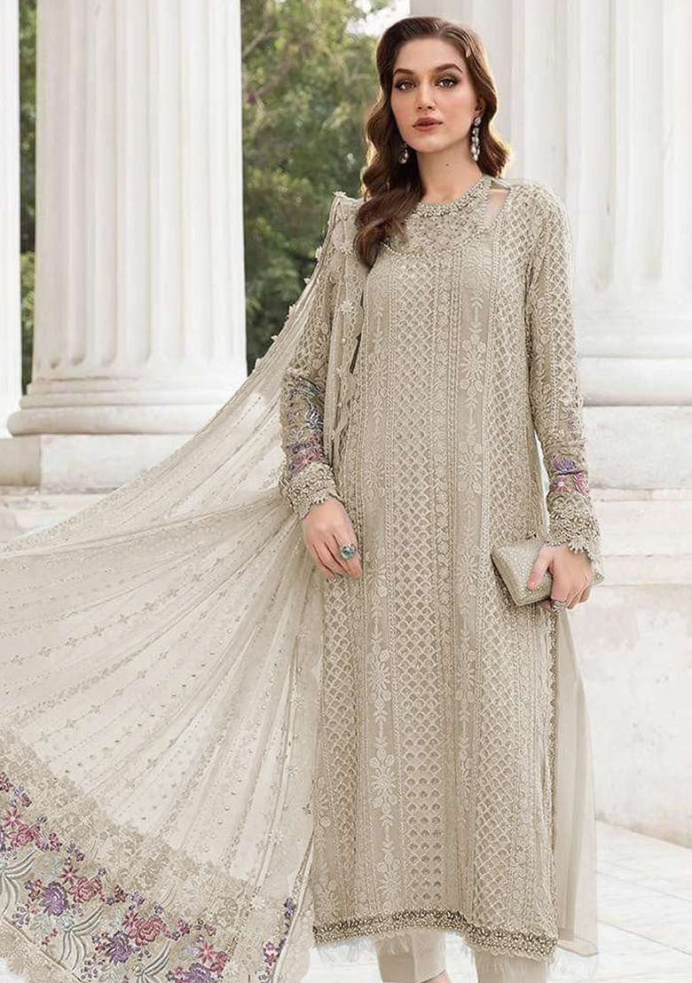 Cream Embroidered Georgette Pakistani Suit Set - Indya
