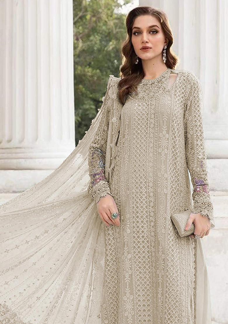 Cream Embroidery Georgette Salwar Suit - Indya