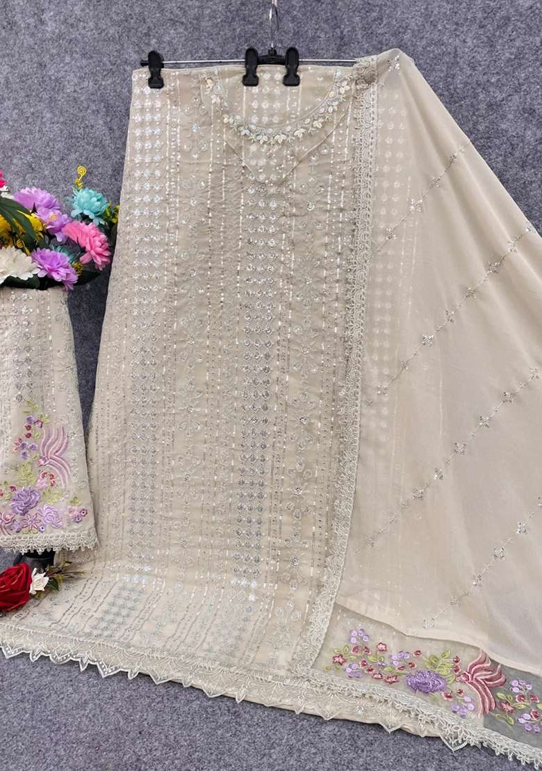 Cream Embroidered Georgette Pakistani Suit Set - Indya