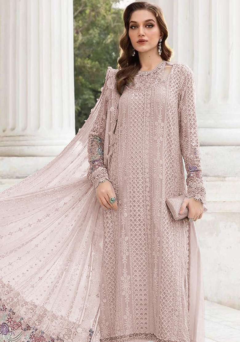 Peach Embroidered Georgette Pakistani Suit Set - Indya