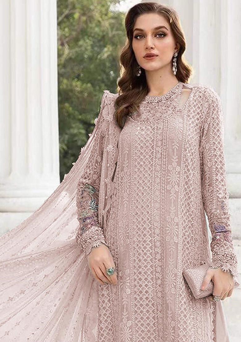 Peach Embroidery Georgette Salwar Suit - Indya