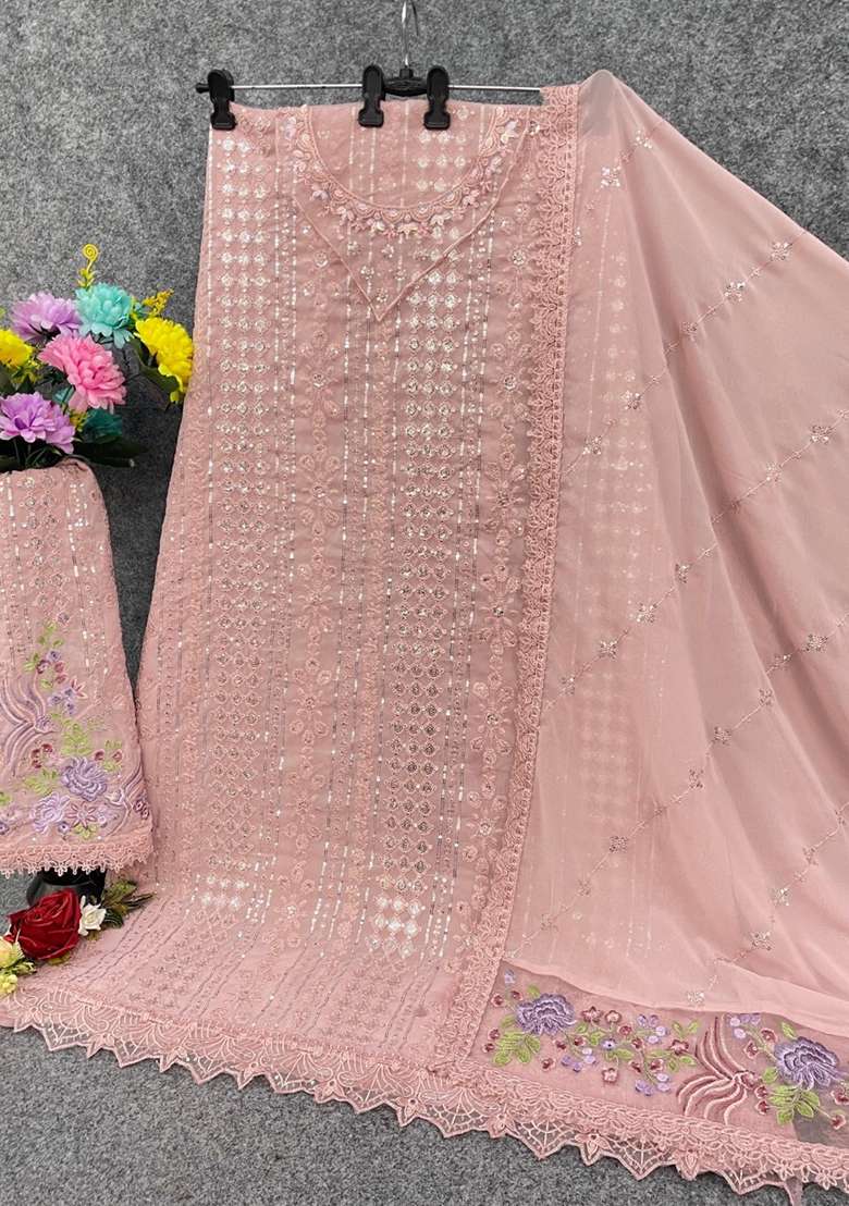 Peach Embroidered Georgette Pakistani Suit Set - Indya