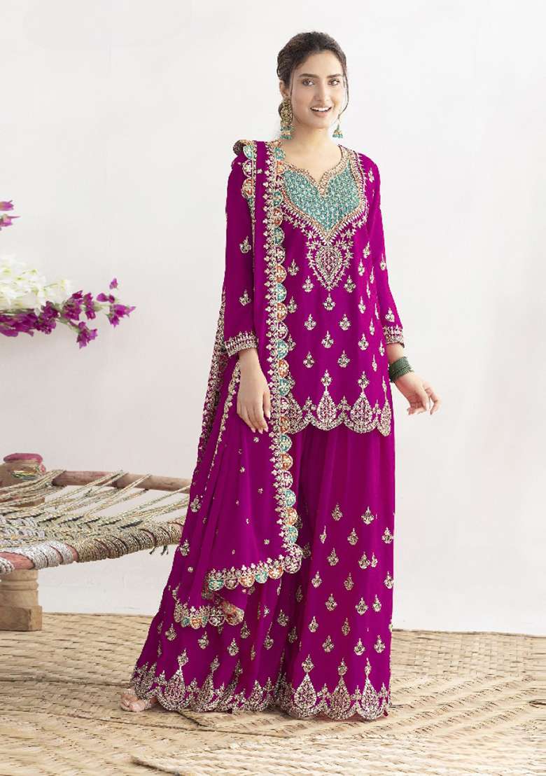 Purple Embroidered Silk Blend Sharara Set - Indya