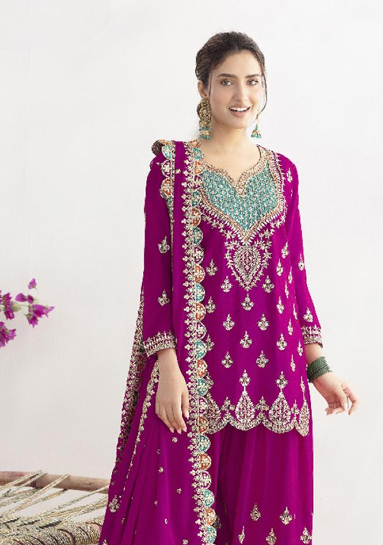 Purple Embroidery Silk Salwar Suit - Indya