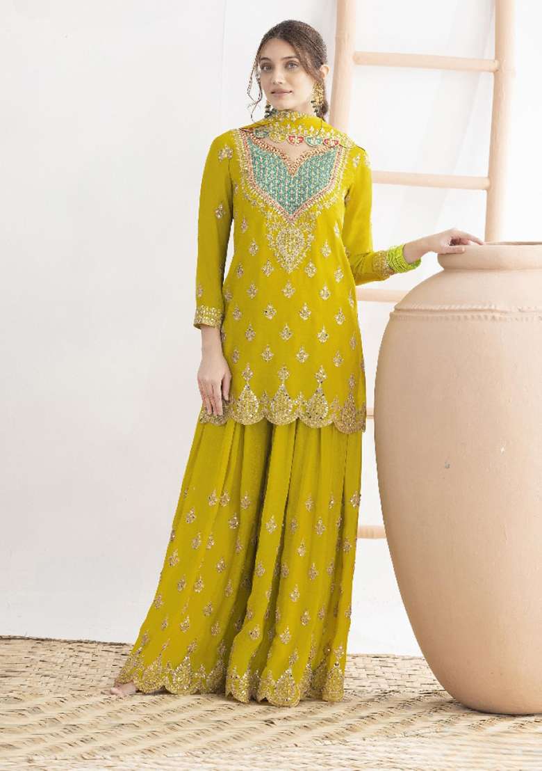 Yellow Embroidered Silk Blend Sharara Set - Indya