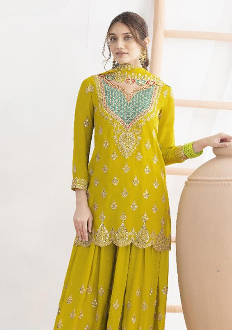 Yellow Embroidery Silk Salwar Suit - Indya